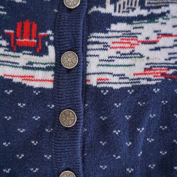 Vintage Northern Reflections Navy Cabin Winter Scene Knit Cardigan Sweater S - Picture 7 of 10